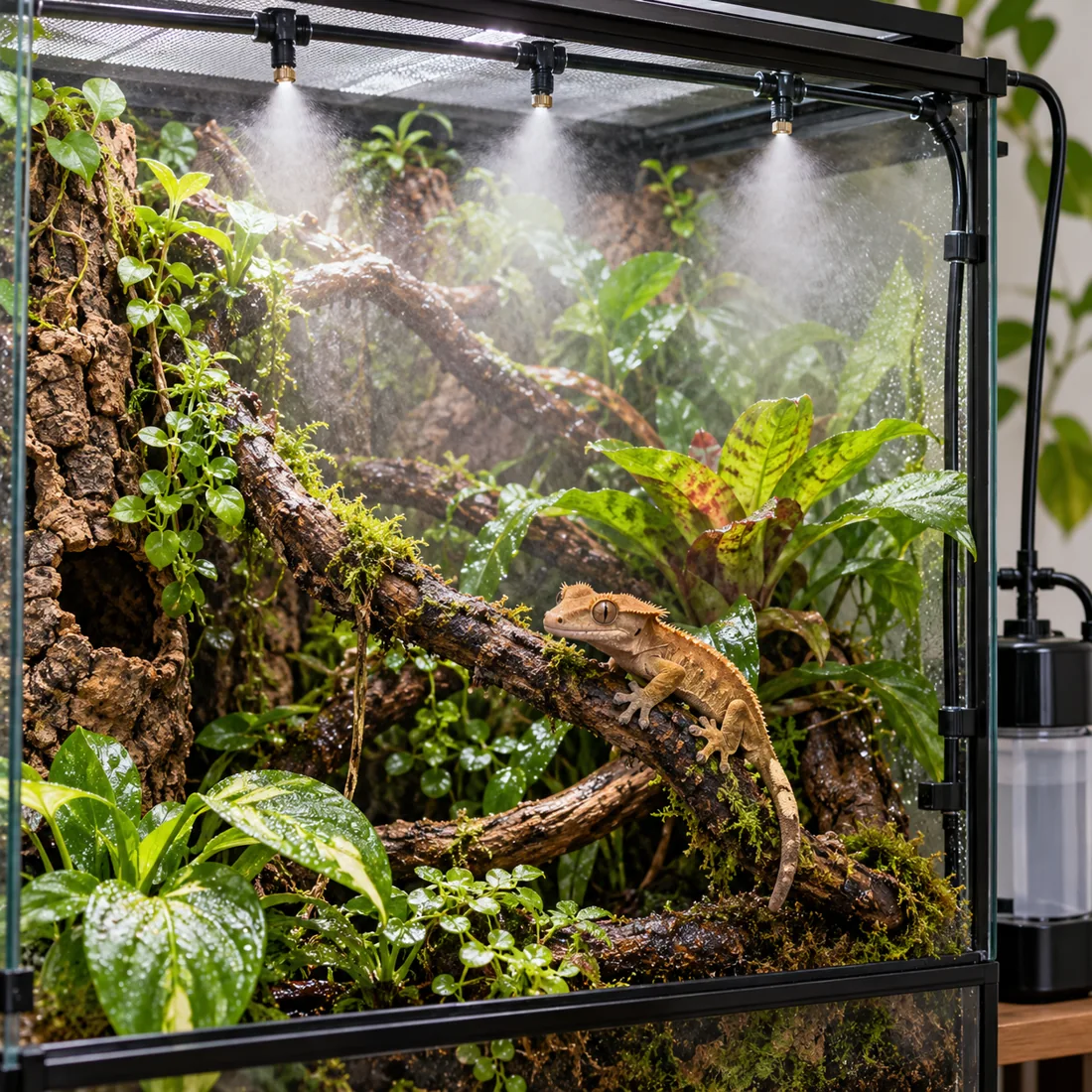 Tropical gecko vivarium with automatic misting nozzles spraying