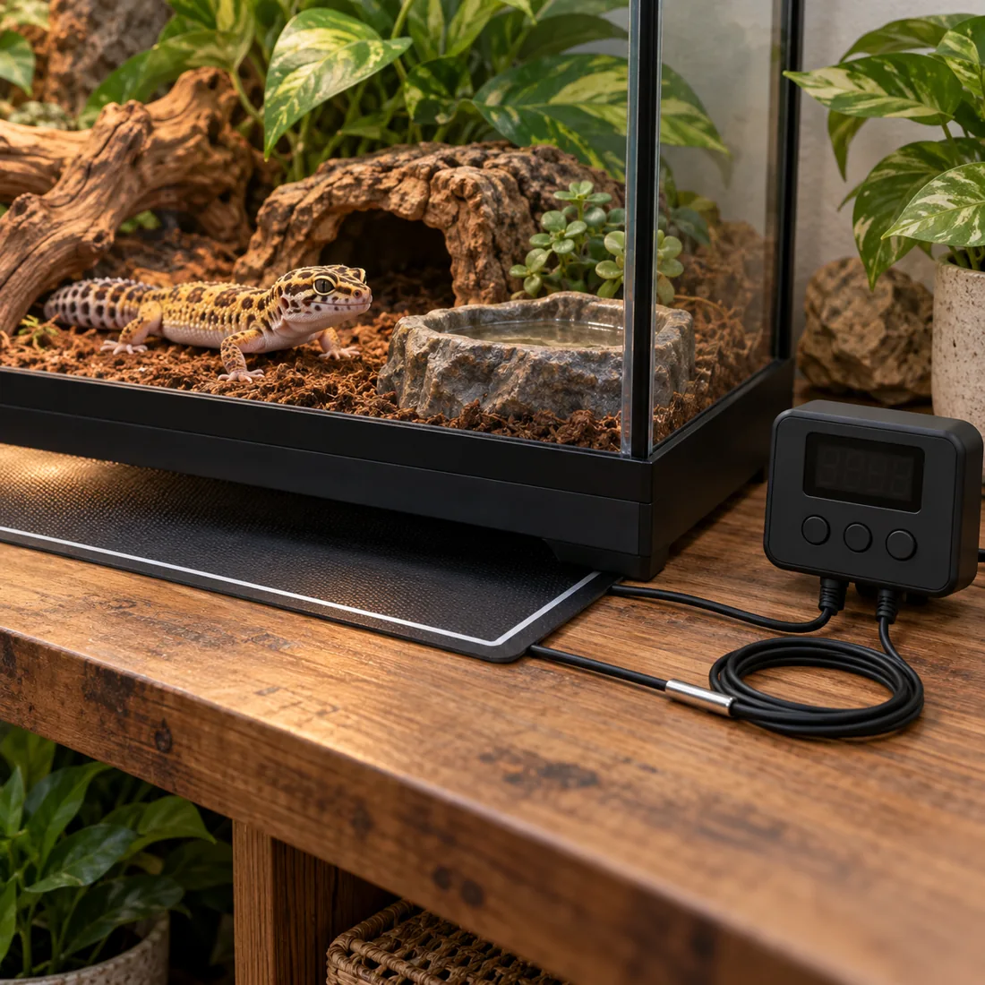 Leopard gecko terrarium with heat mat, thermostat controller and probe
