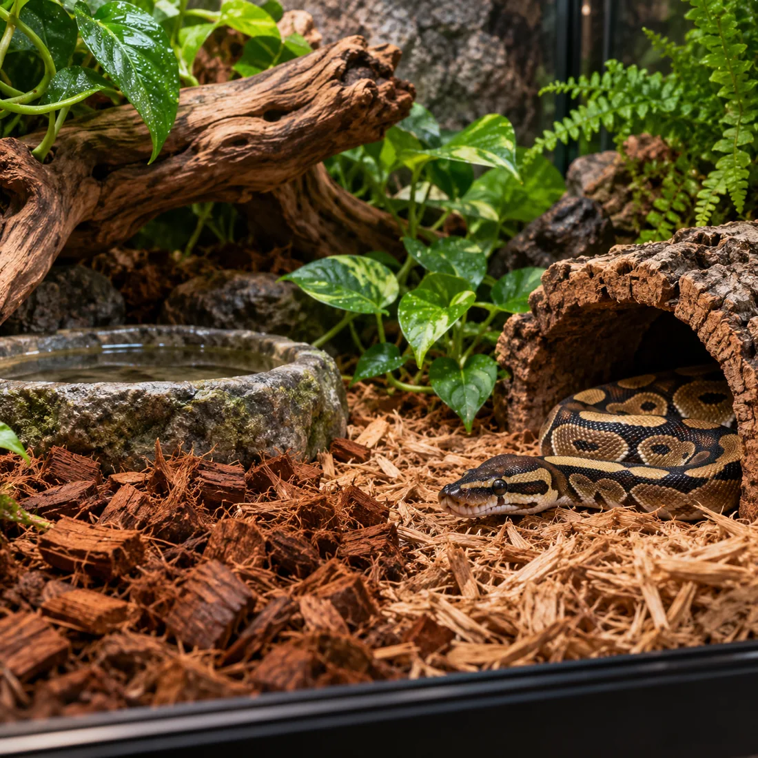 Ball python in humid naturalistic enclosure with coconut husk and mulch substrate