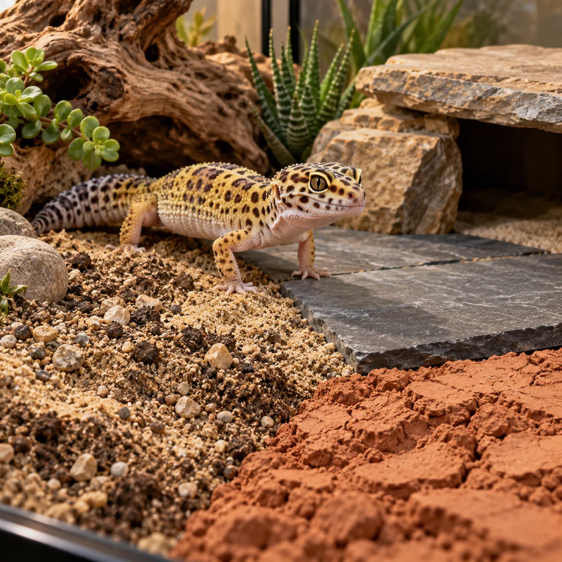 Leopard gecko walking across naturalistic substrate, slate and clay habitat surfaces