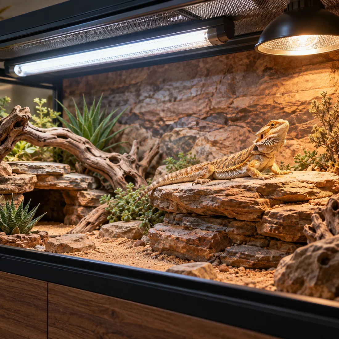 Bearded dragon basking beneath a long UVB tube and heat lamp