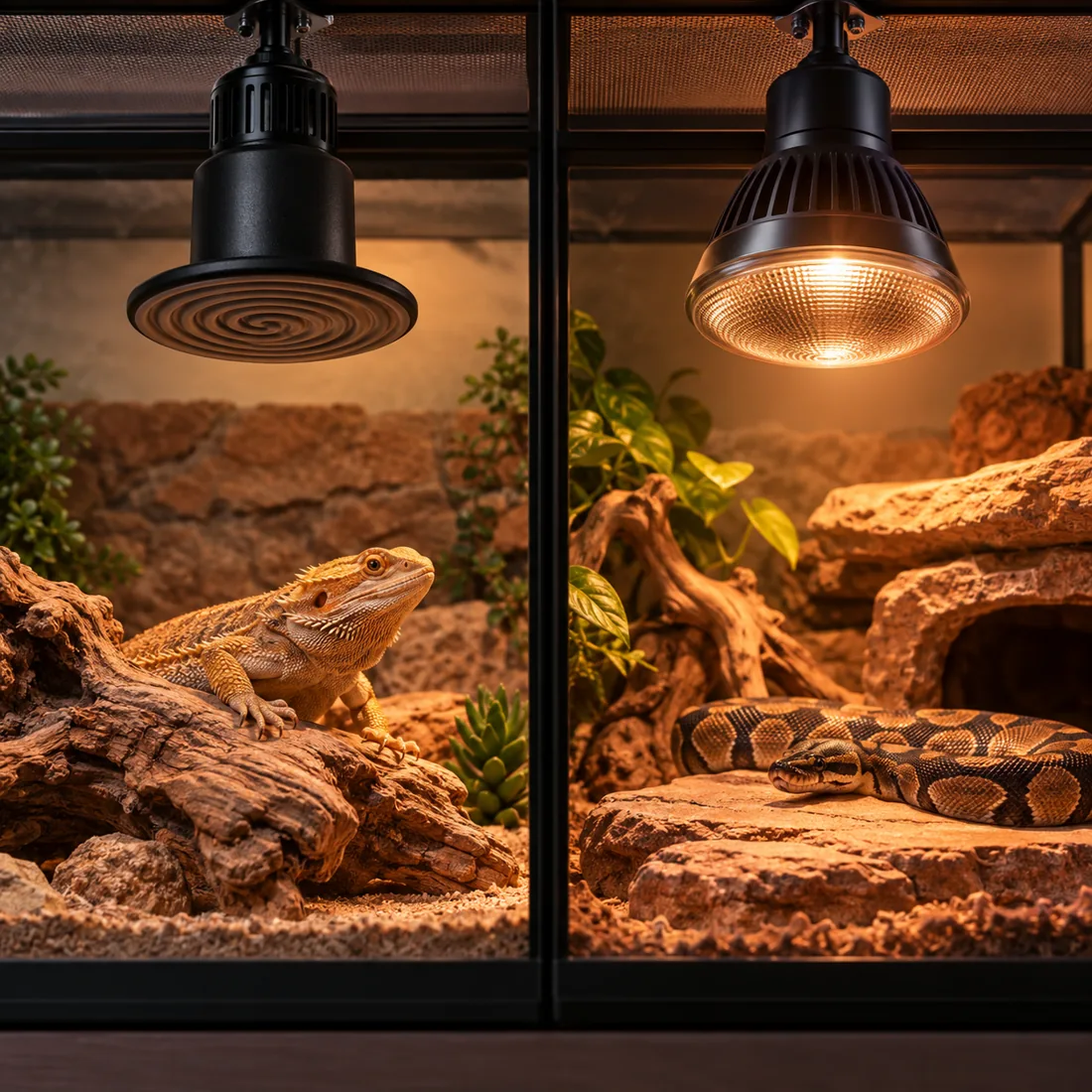 Two reptile enclosures comparing ceramic heat emitter and deep heat projector hardware